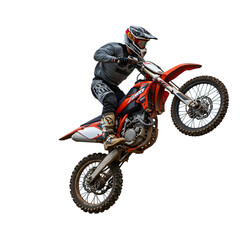 A Motocross Rider Performing a Stylish Mid-Air Whip Trick on a Dirt Bike on isolated transparent background.