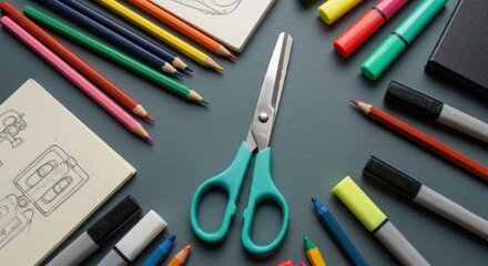 Naklejka premium Overhead view of art supplies including scissors, colored pencils, markers, and sketchbooks arranged on a gray surface.