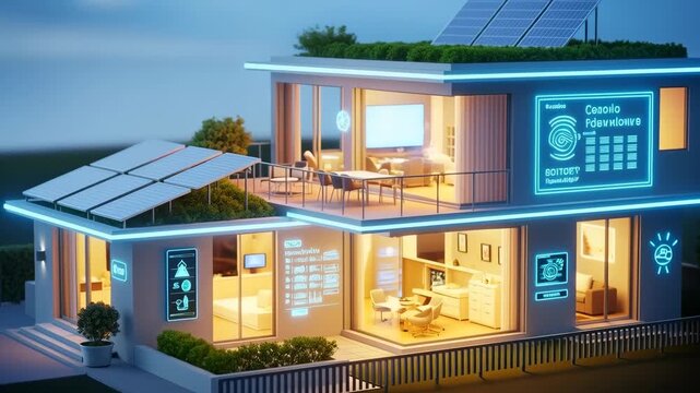 Futuristic house featuring smart home technology, solar panels, glowing neon accents, and digital displays, emphasizing energy efficiency and automation in a modern night setting