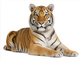 Fototapeta premium Majestic tiger lying gracefully on white background during indoor setting in a tranquil environment