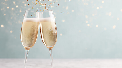Two champagne flutes clinking together against a soft blue background with sparkling confetti
