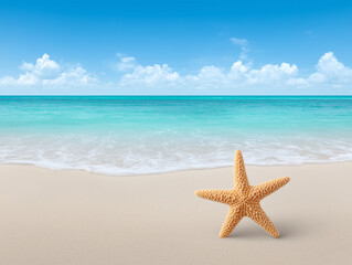 Starfish on a sandy beach with calm ocean waves under a clear blue sky in a tropical paradise