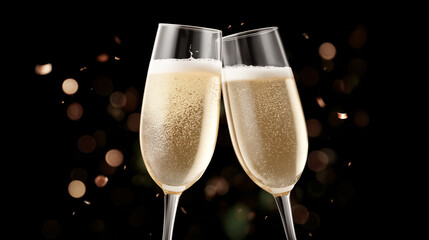 Two flutes of sparkling beverage toast against a festive dark background with shimmering lights