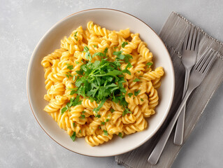 Delicious fusilli pasta topped with fresh herbs served on a plate for a comforting meal