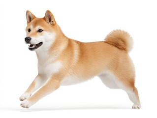 Happy shiba inu playing indoors in bright light, showcasing its joyful expression and energetic leap