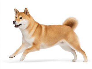 Shiba Inu dog joyfully leaping against a clean white background