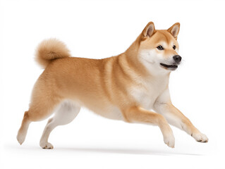 Shiba Inu joyfully running in a bright, indoor space capturing playful energy and charm
