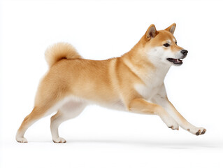 Shiba Inu dog joyfully jumping in a studio setting