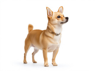 Small tan dog stands alert with erect ears in a bright, simple background during a calm moment