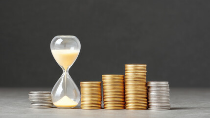 Time and investment grow together as an hourglass sits beside stacked coins representing financial progress