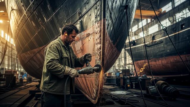 Shipyard worker wearing protective earplugs and gloves using grinder to remove rust and old paint from metal hull of large ship in dry dock, with sparks flying