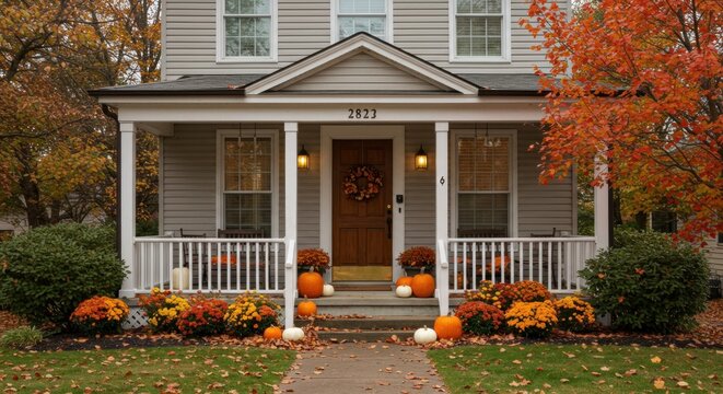 A house decorated for autumn with pumpkins, mums, and a wreath on the door. Fall foliage is visible in the trees.