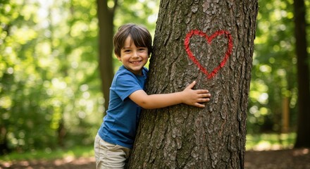 A young boy happily embraces a tree with a heart drawn on its trunk, smiling.