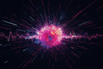 Fototapeta premium Abstract digital artwork featuring a central sphere emitting radial lines and waveform visualizations.