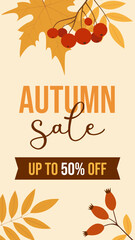 Vertical banner for autumn sale with fall leaves. Vector illustration template for seasonal discounts in stores, promoting fall sales and special offers