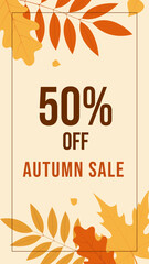 Vertical banner for autumn sale with fall leaves. Vector illustration template for seasonal discounts in stores, promoting fall sales and special offers