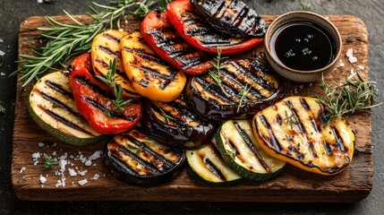Fresh grilled vegetables display showing red bell peppers, yellow squash, zucchini and eggplant with grill marks and herbs