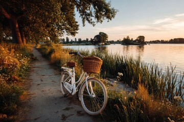 Obraz premium A vintage bike by a lake at sunset