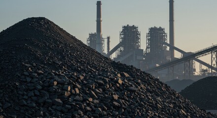 A large pile of coal in the foreground with a power plant and smokestacks visible in the background.