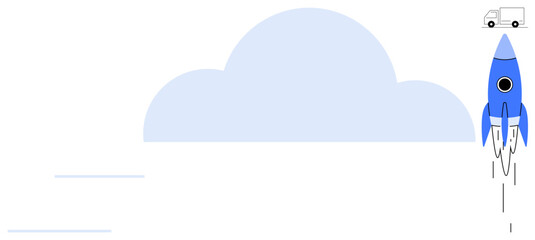 Blue rocket taking off beside a soft cloud and a small truck, representing innovation, progress, delivery, and rapid growth. Ideal for business, startup, shipping, success teamwork technology