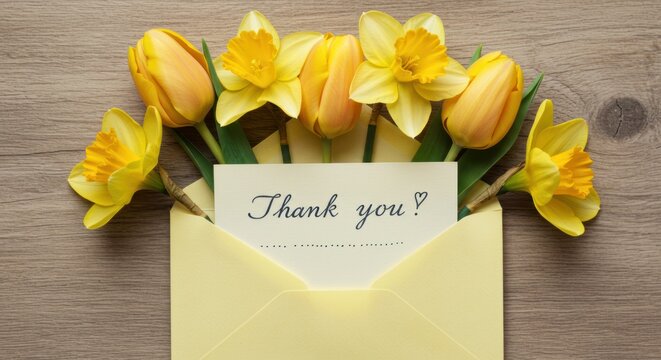 A thank you note nestled amongst yellow tulips and daffodils in a pastel envelope.