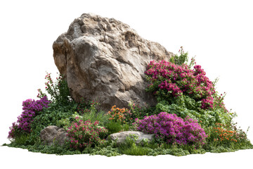 Cutout rock surrounded by flowers. Garden design isolated on white background. Flowering shrub and green plants for landscaping. Decorative shrub and flower bed.