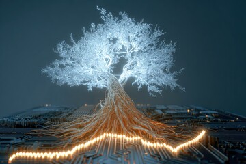 Illuminated tree roots on circuit board