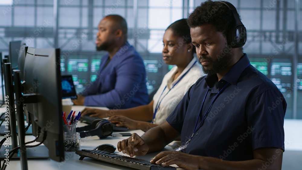 Poster data center admin typing on keyboard, maintaining company network infrastructure by configuring hard