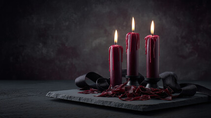 Trio of black taper candles with dripping crimson wax on cracked slate slab