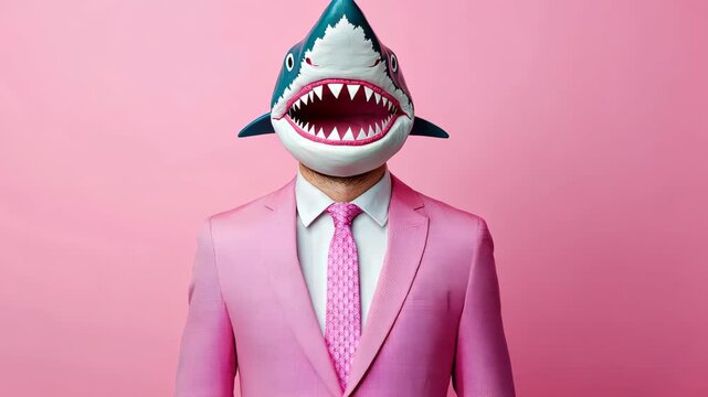 Pink Shark Suit: A businessman in a pink suit wears a shark mask against a pink background. The image is humorous and surreal.