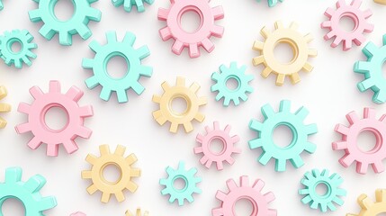 Colorful gears in pastel shades arranged on a light background create a playful and creative atmosphere for design projects