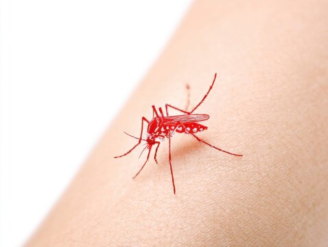 Mosquito bite with red bump on leg, close-up on white background