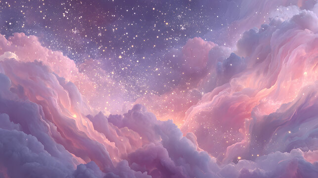 Pink unicorn sky with stars. Cute purple pastel background. Fantasy dreaming galaxy and magic wavy space with fairy light
