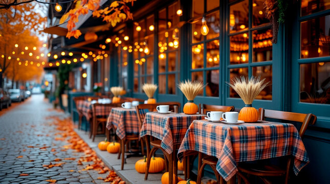 Cozy autumn outdoor café with orange plaid tablecloths, mini pumpkins, wheat bundles, coffee cups and festive string lights – warm fall street dining ambiance with seasonal decor - Powered by Adobe