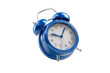 Isolated blue alarm clock flying over white background