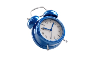 Isolated blue alarm clock flying over white background