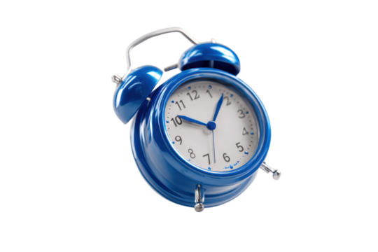 Isolated blue alarm clock flying over white background