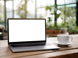 Fototapeta premium Laptop with Blank Screen and White Cup of Coffee on Wooden Table