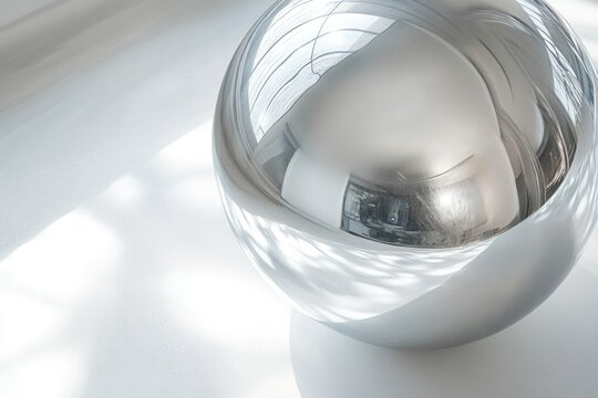 A sleek, reflective silver sphere sits on a white surface, distorting the reflected environment with abstract light.