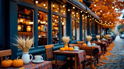 Cozy autumn outdoor café with orange plaid tablecloths, mini pumpkins, wheat bundles, coffee cups and festive string lights – warm fall street dining ambiance with seasonal decor


