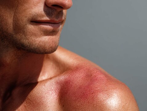 Man&rsquo;s shoulder showing severe sunburn with visible redness and peeling