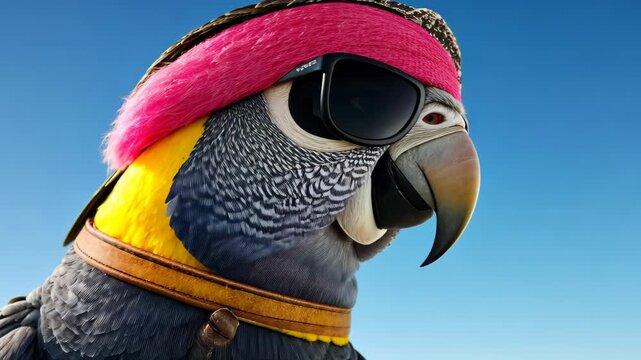 Parrot Pirate: A vibrant parrot confidently dons a bandana and sunglasses, evoking the spirit of adventure and mischief, set against a clear blue sky.