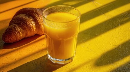 Croissant and juice on yellow table
