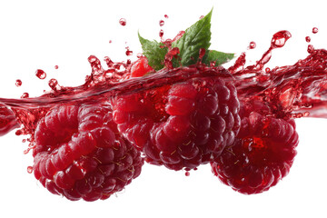 Raspberries in juice splash isolated on a white