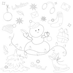 Coloring book sheet, Christmas set, Holiday elements for coloring with colored pencils, markers and paints.