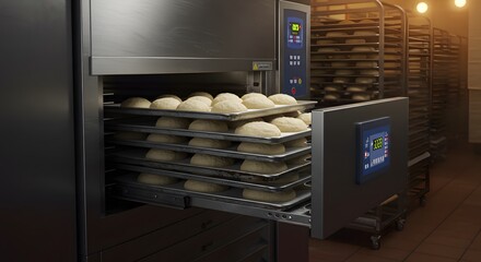 Industrial bread proofer filled with unbaked dough in a modern commercial bakery, ready for baking