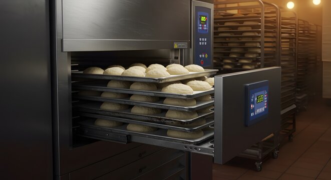 Industrial bread proofer filled with unbaked dough in a modern commercial bakery, ready for baking