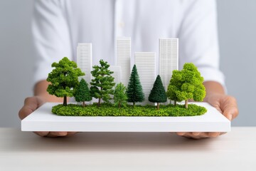 A green city planning concept, businessman holding chart with mini trees and urban model, for Advertise, for banner, with copy space