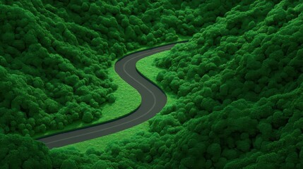 A green transport concept, winding road through dense forest captured from aerial perspective, for Advertise, for banner, with copy space