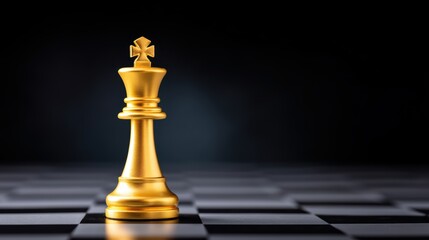 A leadership power concept, golden king chess piece on dark board with dramatic lighting, for Advertise, for banner, with copy space
